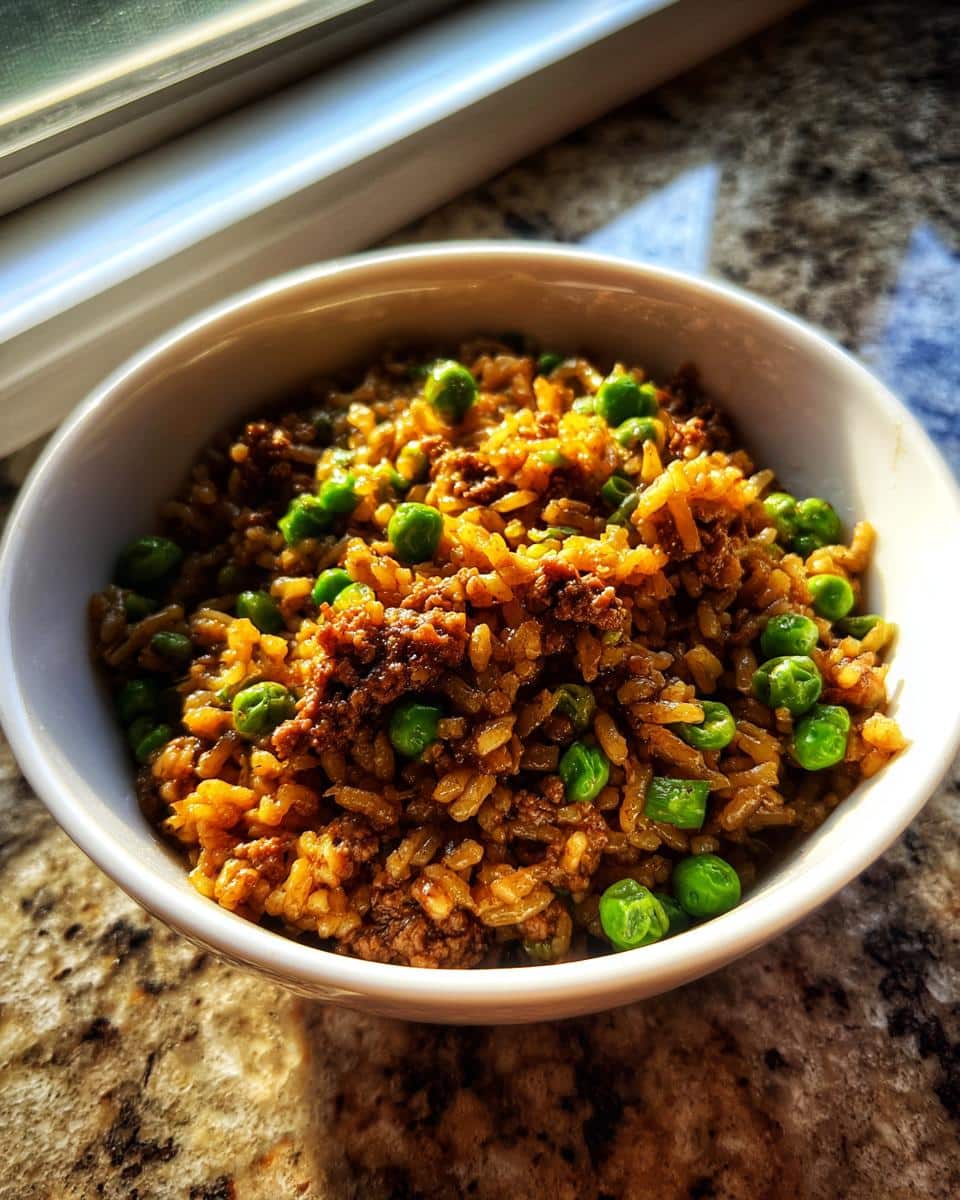 A white bowl filled with homemade Venison, Brown Rice & Peas Dog Food mixture, featuring ground venison, brown rice, and bright green peas.