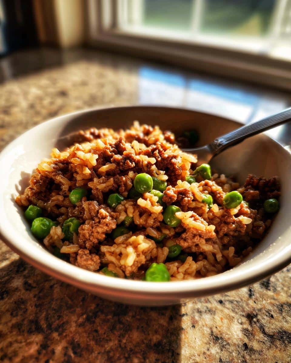 Close-up of homemade Venison, Brown Rice & Peas Dog Food mixture in a white bowl with a spoon.