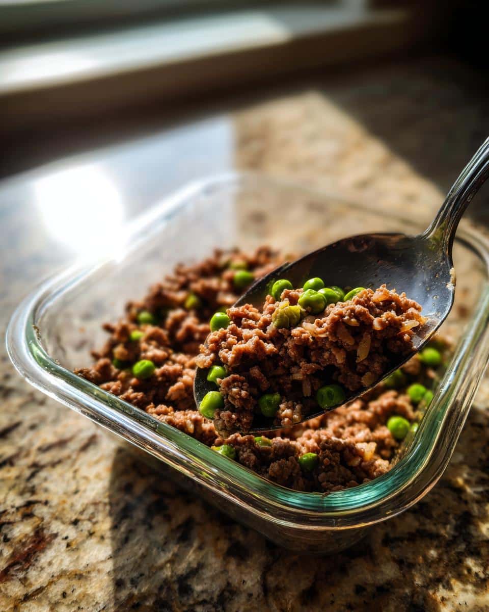 A spoonful of homemade Venison, Brown Rice & Peas Dog Food being lifted from a glass container.