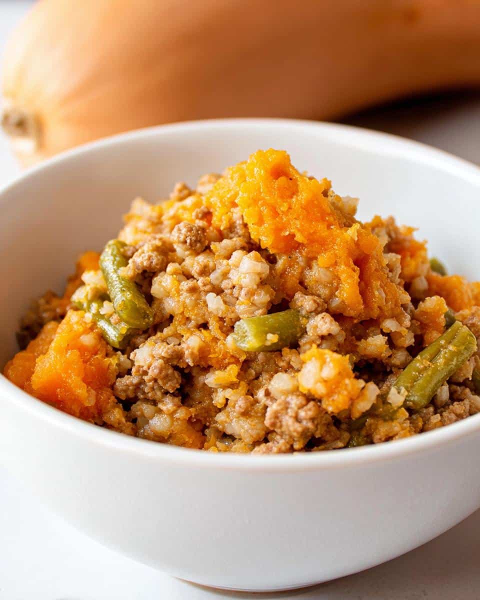 Close-up of homemade Venison & Butternut Squash Dog Food mix in a white bowl with green beans and rice.