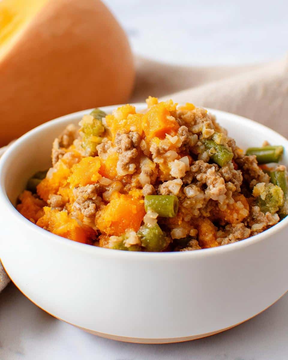 Close-up of homemade Venison & Butternut Squash Dog Food mix in a white bowl with visible ground meat, orange squash, and green beans.