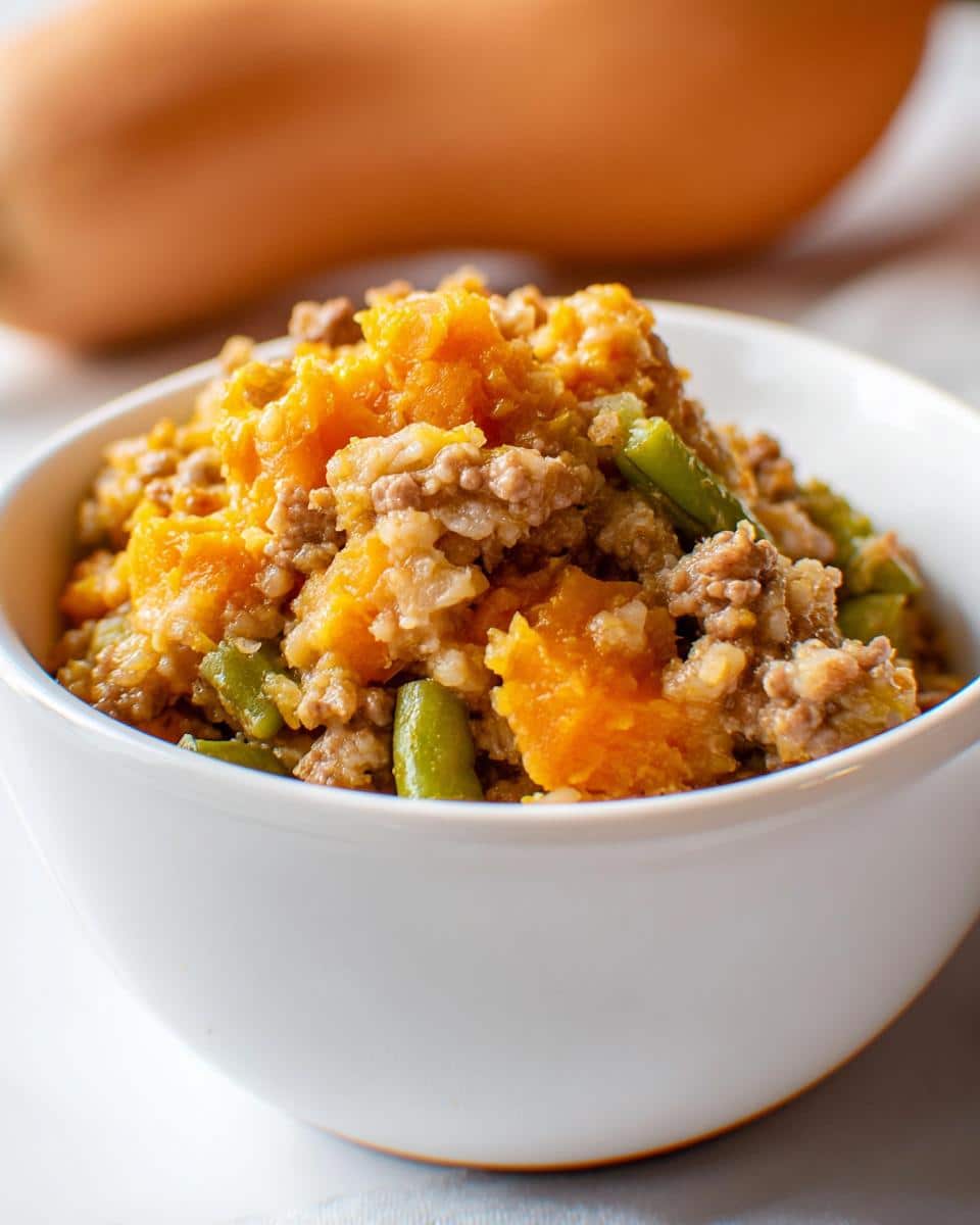 Close-up of Venison & Butternut Squash Dog Food mixture in a white bowl with green beans.