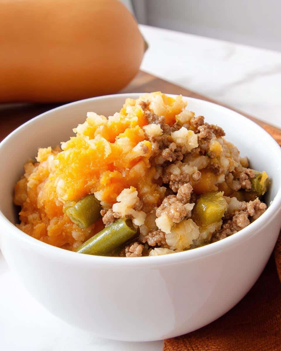 A close-up of homemade Venison & Butternut Squash Dog Food mixture in a white bowl, featuring ground meat, orange squash, and green beans.