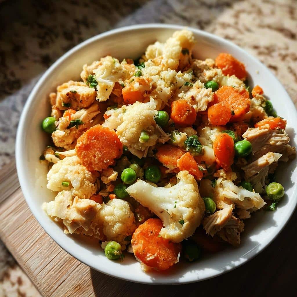 Close-up of homemade Venison & Cauliflower Dog Food mix with carrots and peas in a white bowl.