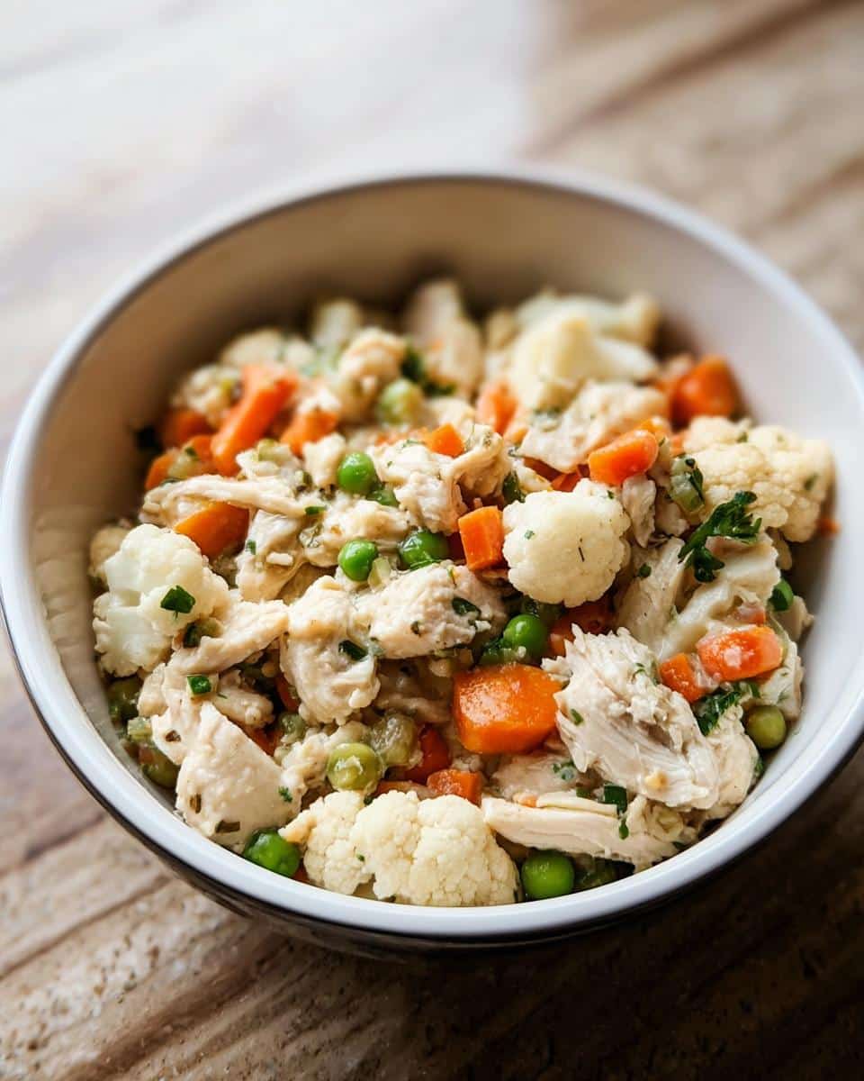 Close-up of homemade dog food featuring shredded meat, cauliflower florets, carrots, and peas.