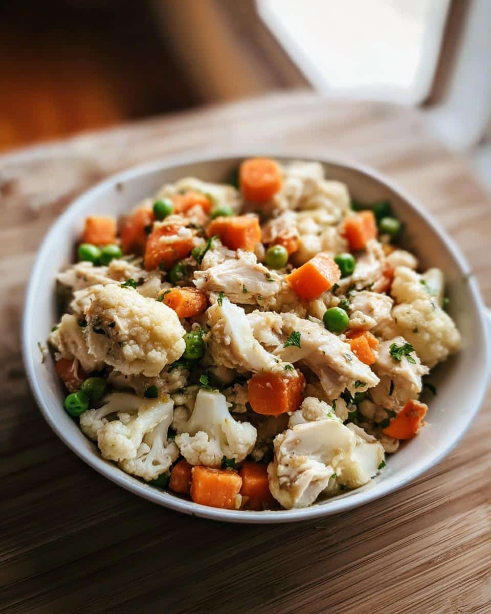 Close-up of homemade Venison & Cauliflower Dog Food mix with carrots and peas in a white bowl.