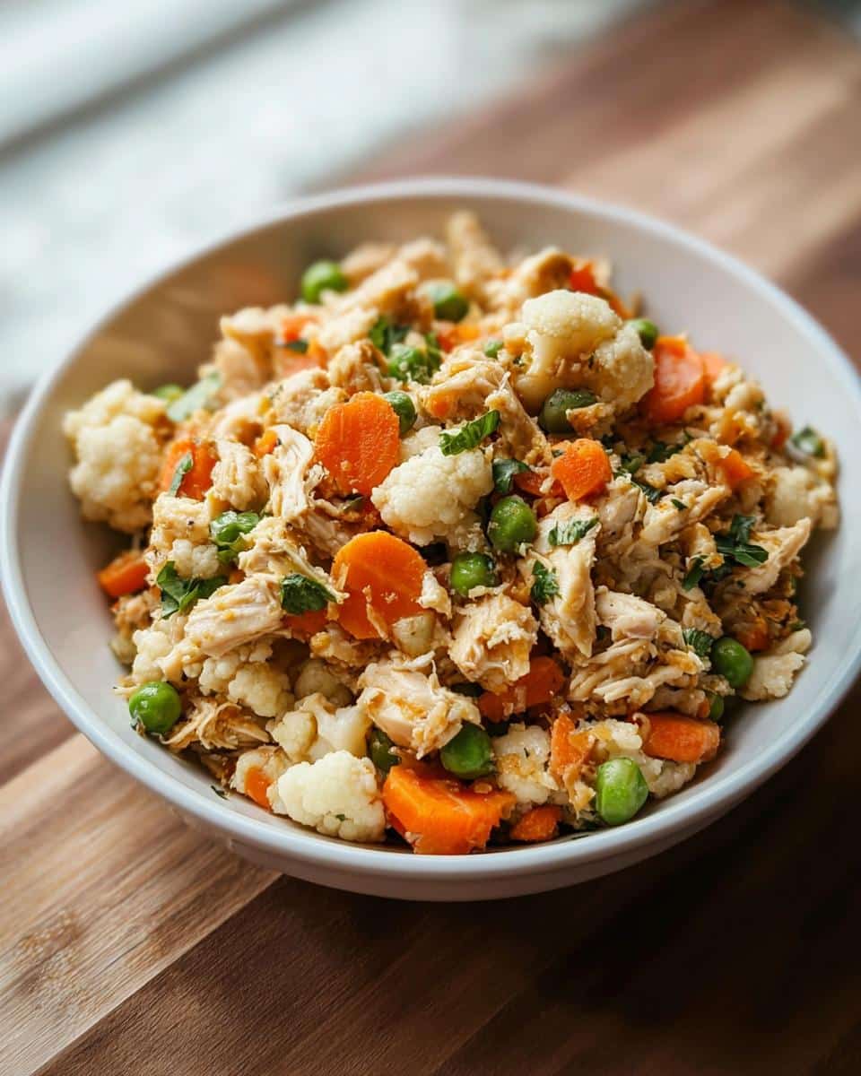 A white bowl filled with homemade Venison & Cauliflower Dog Food, featuring shredded meat, cauliflower florets, carrots, and peas.
