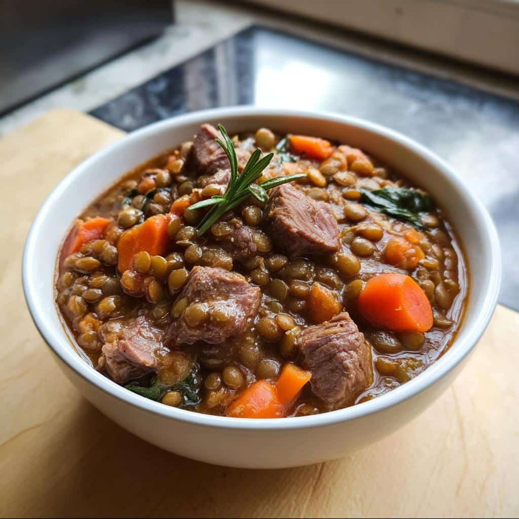 Close-up of a bowl of homemade Venison, Lentils & Carrots Dog Food stew, garnished with rosemary.