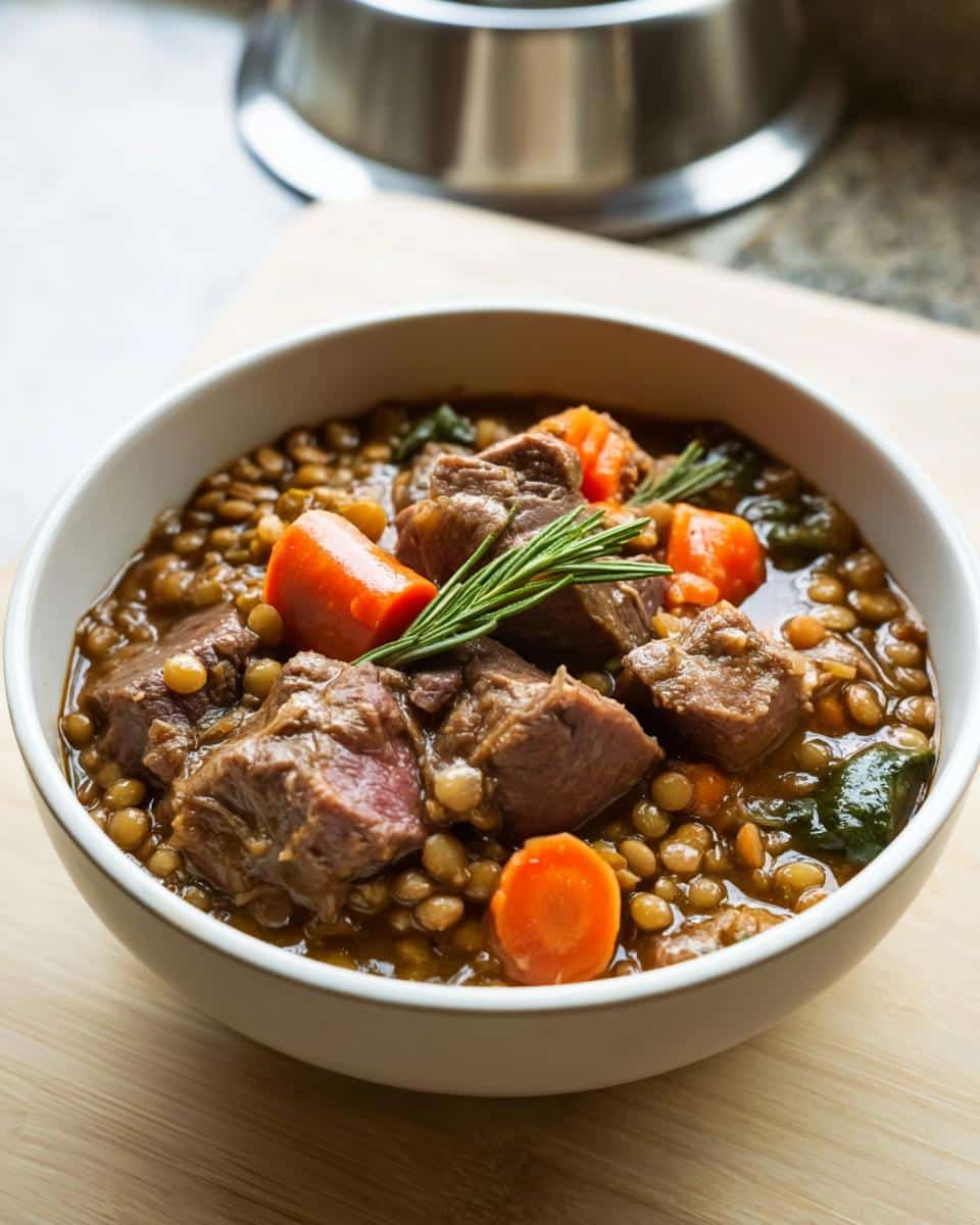 Close-up of a bowl of homemade Venison, Lentils & Carrots Dog Food stew, topped with rosemary.