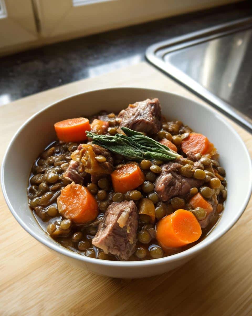 Close-up of a bowl of homemade Venison, Lentils & Carrots Dog Food stew topped with fresh sage.