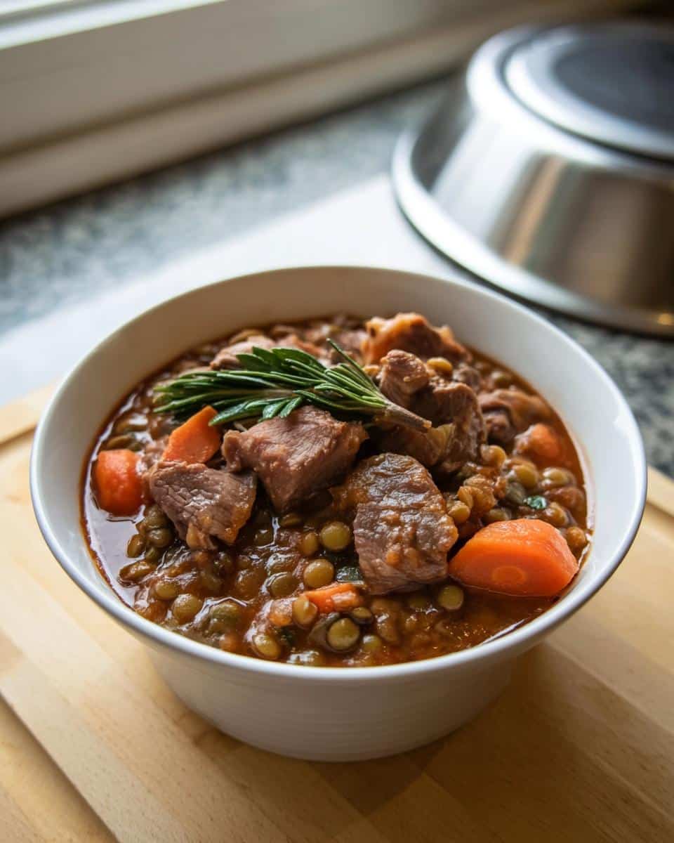 A white bowl filled with homemade Venison, Lentils & Carrots Dog Food stew, garnished with rosemary.
