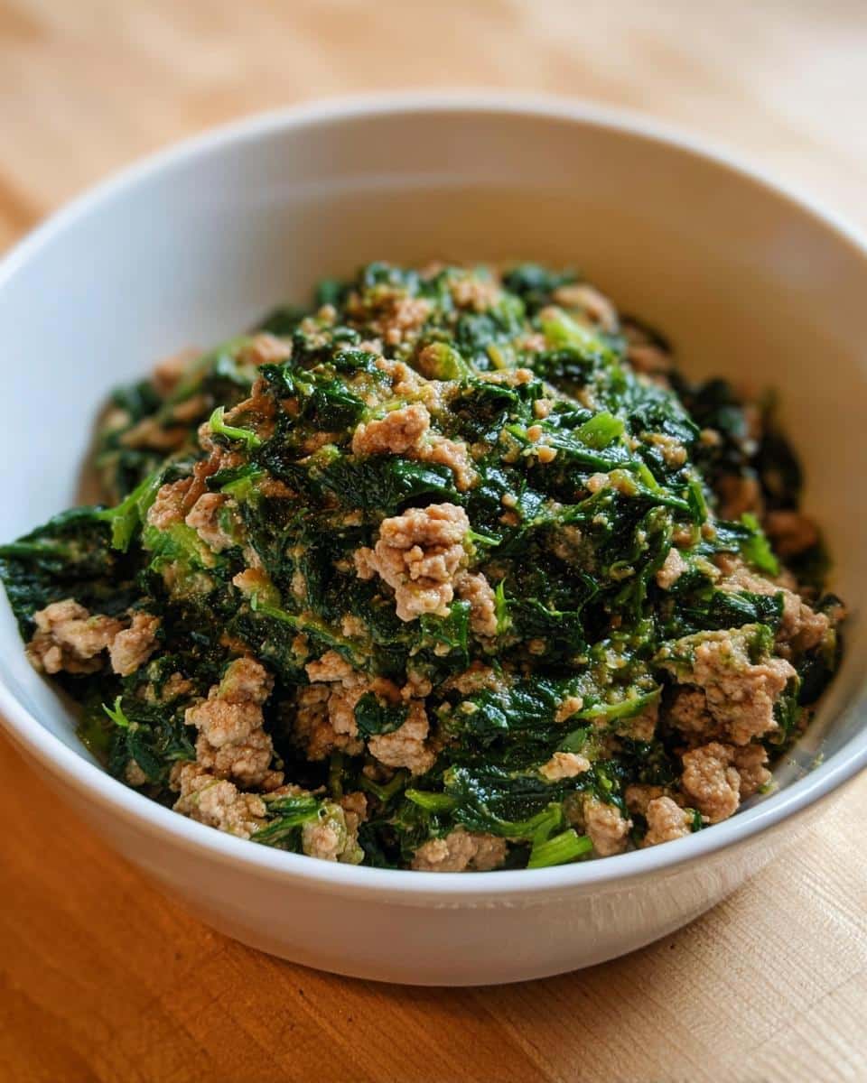 Close-up of homemade Venison, Millet & Spinach Dog Food mixture in a white bowl.