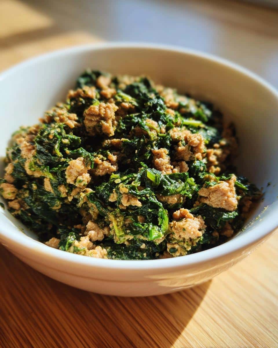 Close-up of cooked ground venison mixed with dark green spinach, part of a homemade Venison, Millet & Spinach Dog Food recipe.