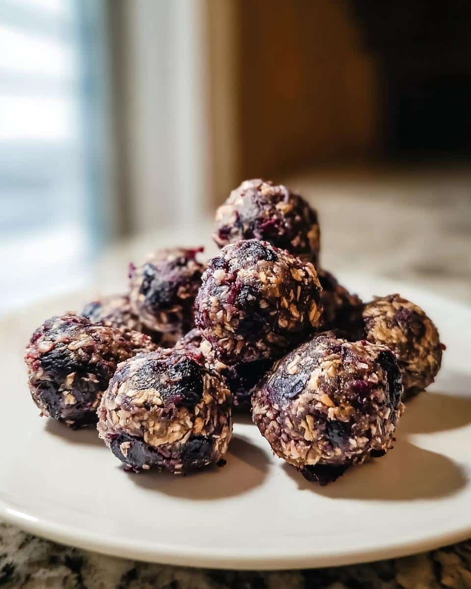 A pile of homemade dog treats made with venison, oatmeal, and blueberries on a white plate.