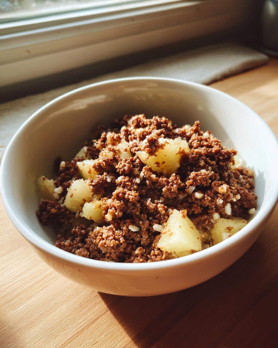 Close-up of a white bowl containing ground venison mixed with chunks of parsnip for homemade Venison & Parsnip Dog Food.