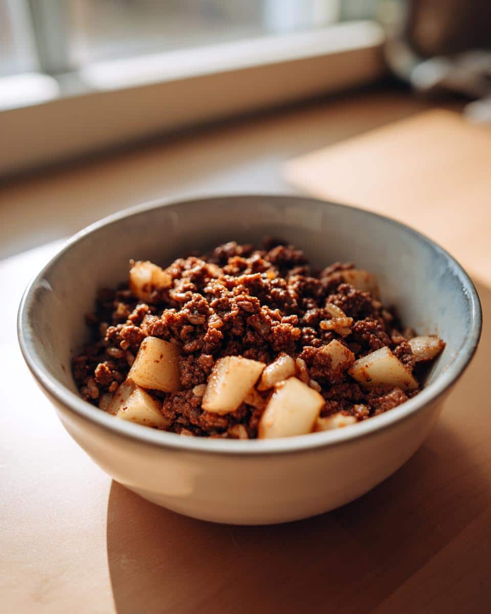 Close-up of bowl containing cooked ground venison mixed with diced parsnips for homemade Venison & Parsnip Dog Food.