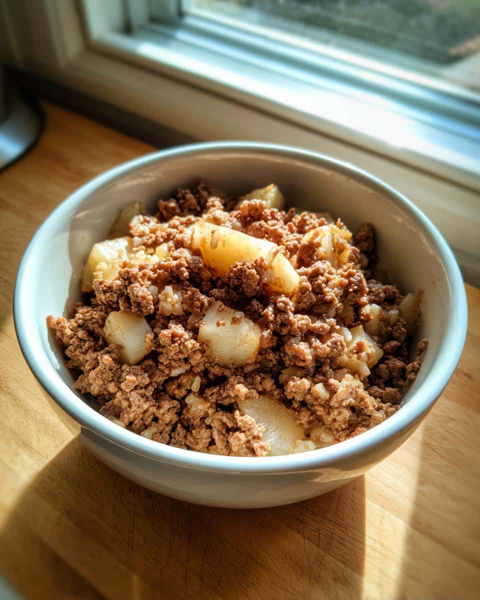 Close-up of homemade Venison & Parsnip Dog Food mixture with ground meat and chunks of parsnip in a white bowl.
