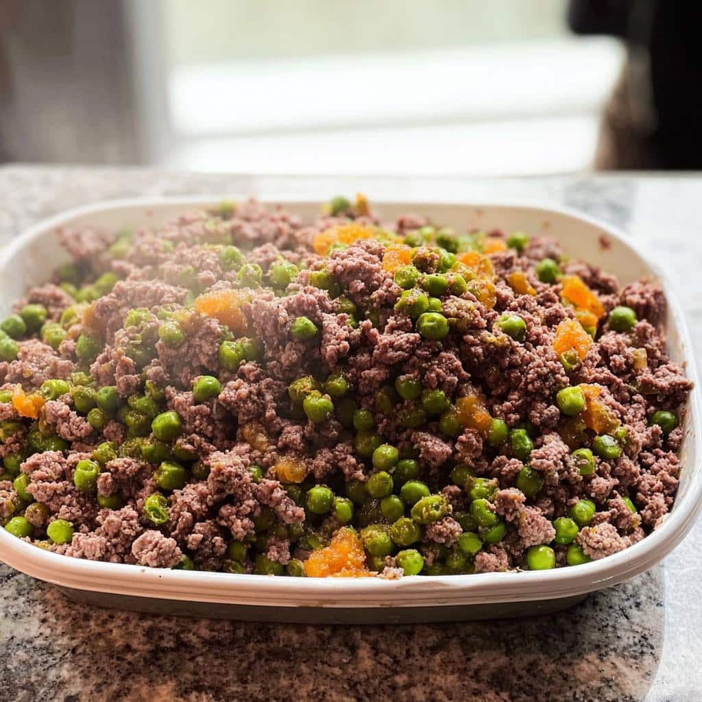A white dish filled with cooked ground venison mixed generously with bright green peas for Venison & Peas Dog Food.