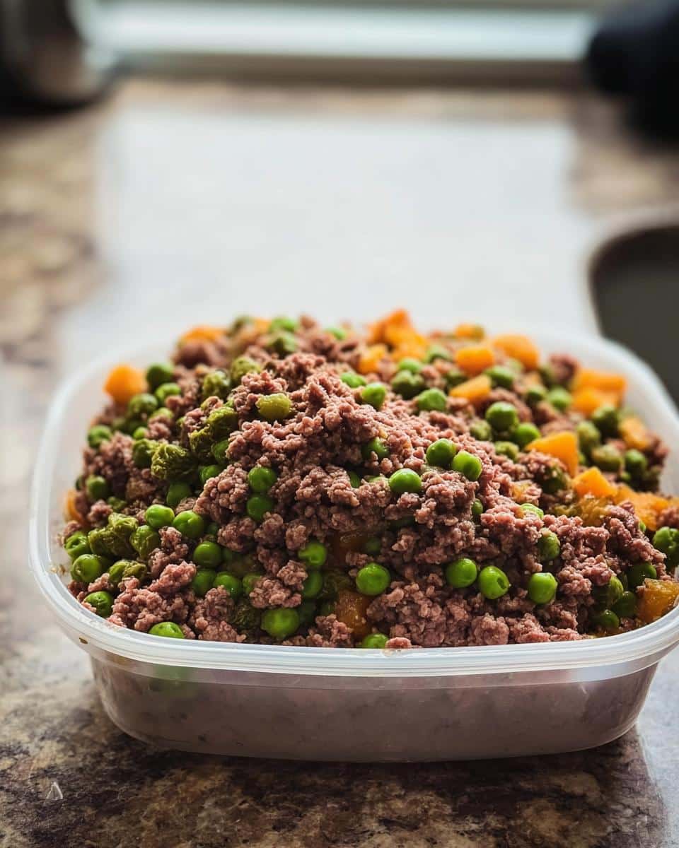 Close-up of homemade Venison & Peas Dog Food (Simple Mix) featuring ground venison, bright green peas, and orange sweet potato chunks in a clear container.