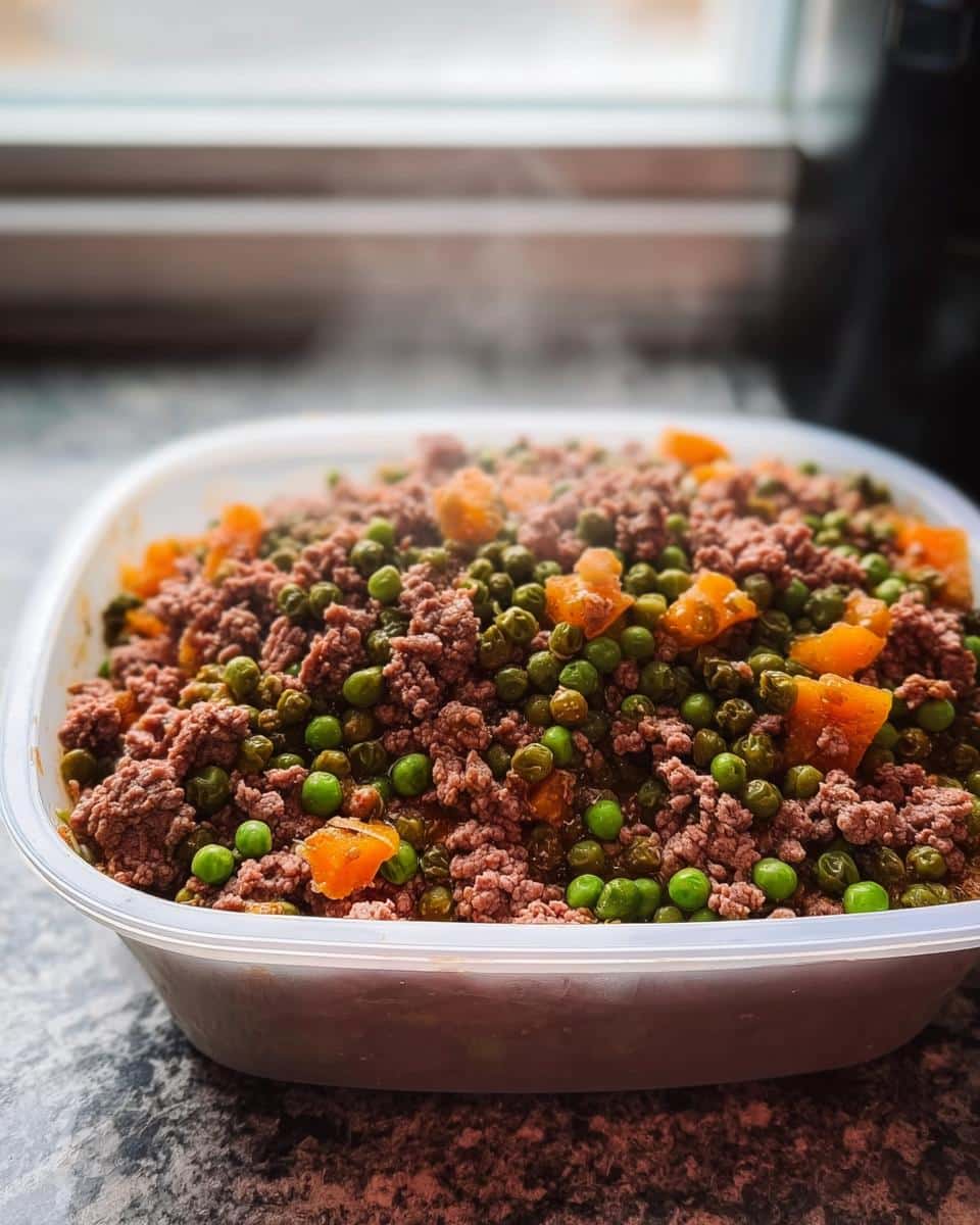 Steaming container of homemade Venison & Peas Dog Food, mixed with ground meat, green peas, and diced carrots.