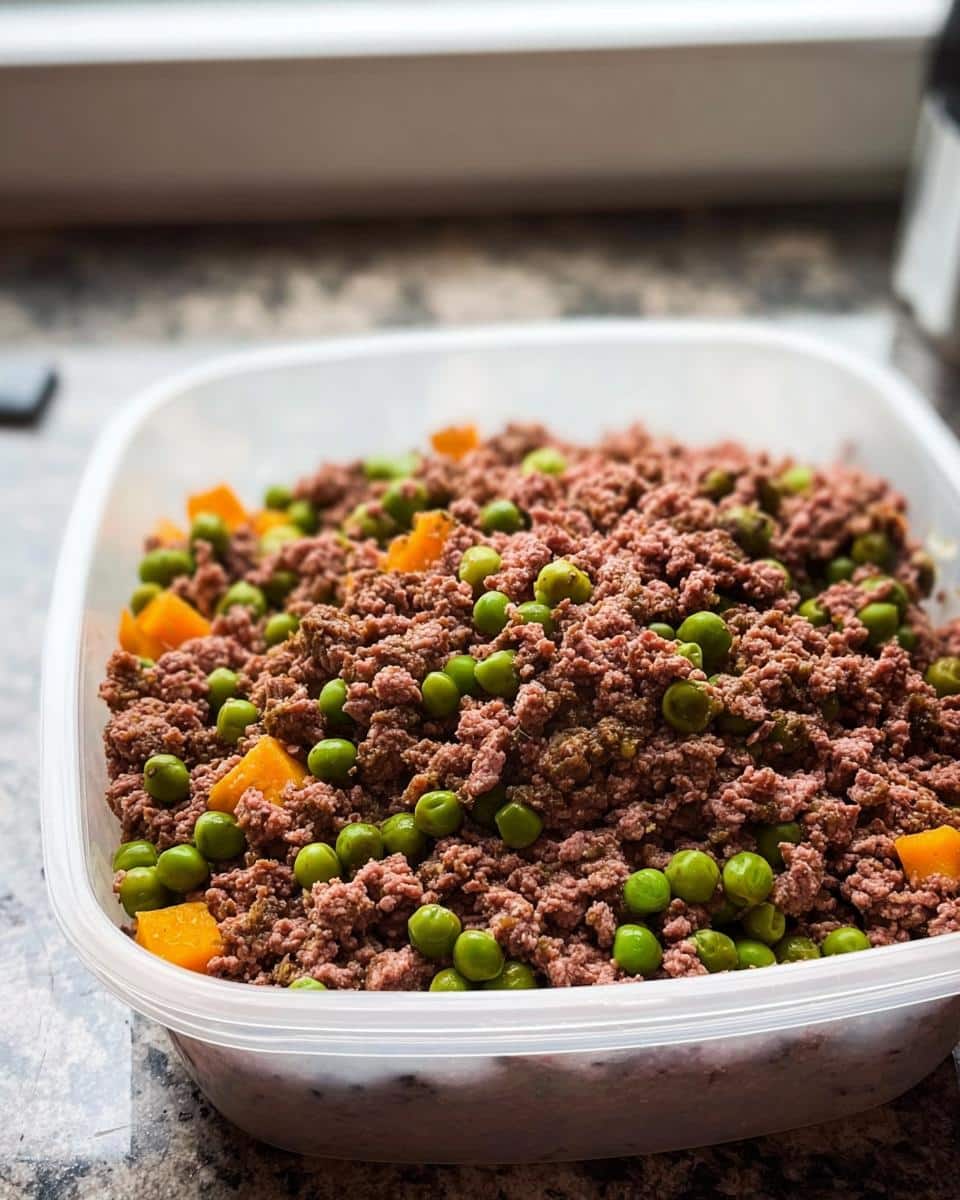 Close-up of homemade Venison & Peas Dog Food (Simple Mix) in a clear storage container, featuring ground venison, green peas, and diced orange vegetables.
