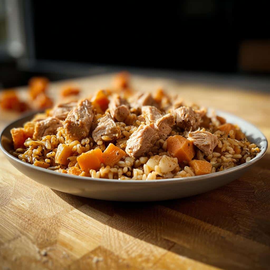 A bowl filled with homemade Venison, Potato & Carrot Dog Food mixture, showing chunks of venison, orange carrots, and grains.