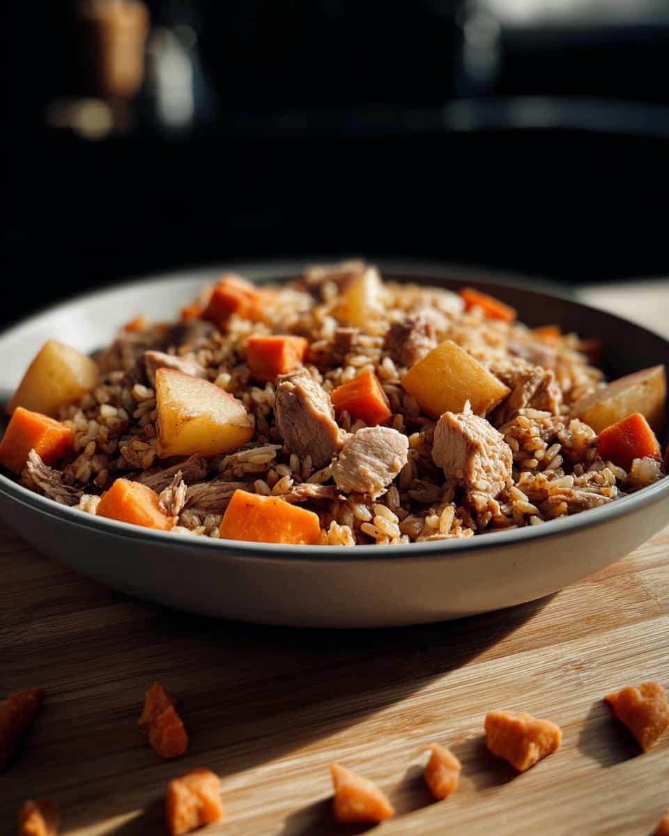 A close-up of a bowl filled with homemade Venison, Potato & Carrot Dog Food, featuring chunks of meat, rice, and diced carrots/potatoes.