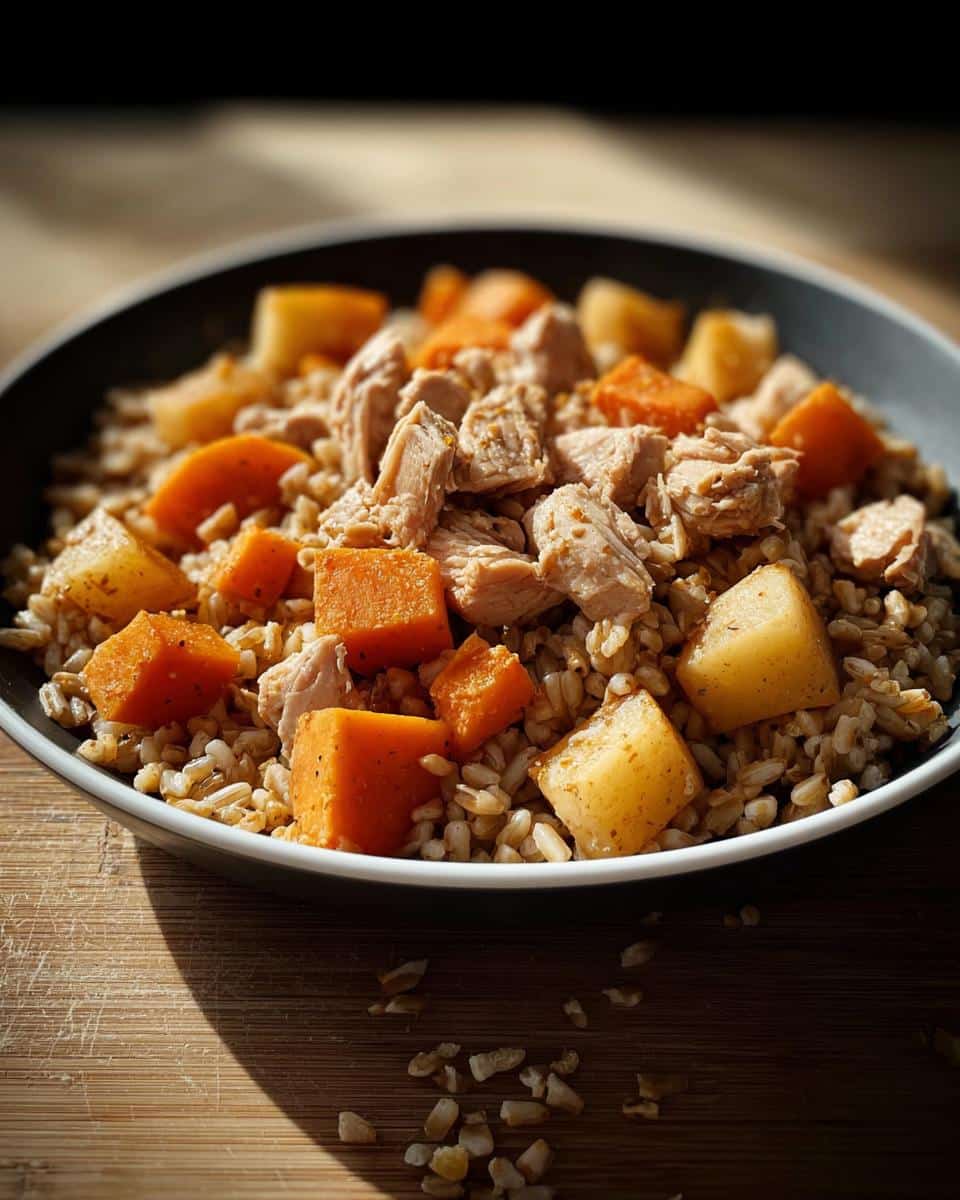 Close-up of a bowl containing homemade Venison, Potato & Carrot Dog Food mix with grains, meat chunks, and diced vegetables.
