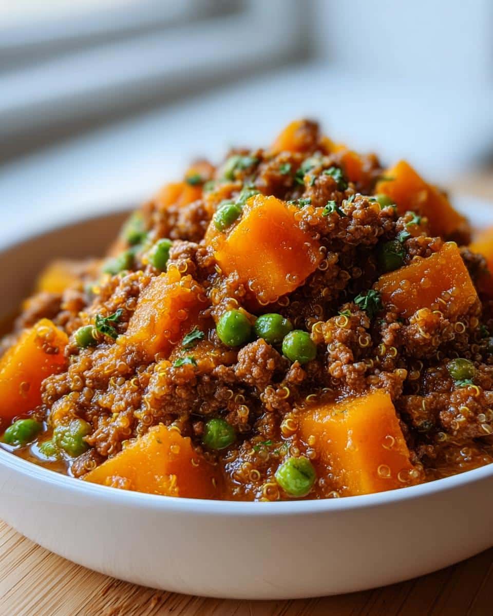 Close-up of homemade Venison & Pumpkin Dog Food mix with ground meat, orange squash chunks, and green peas.
