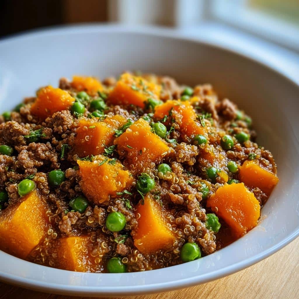 Close-up of homemade Venison & Pumpkin Dog Food with ground meat, quinoa, bright orange pumpkin chunks, and green peas.