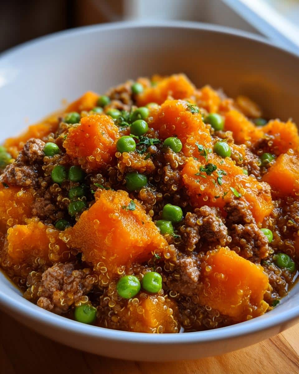 Close-up of homemade Venison & Pumpkin Dog Food with quinoa and green peas in a white bowl.
