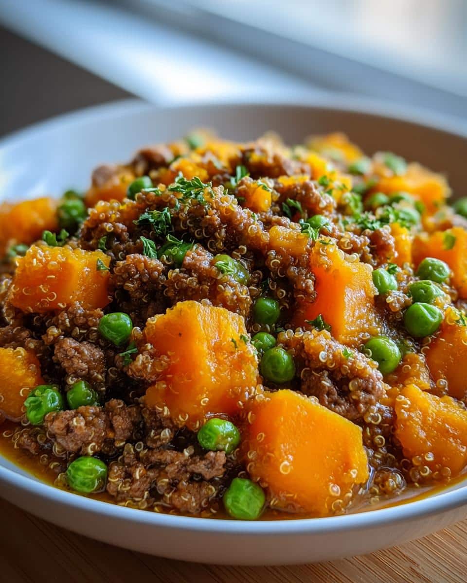 Close-up of homemade Venison & Pumpkin Dog Food mixed with quinoa, orange pumpkin chunks, and green peas.