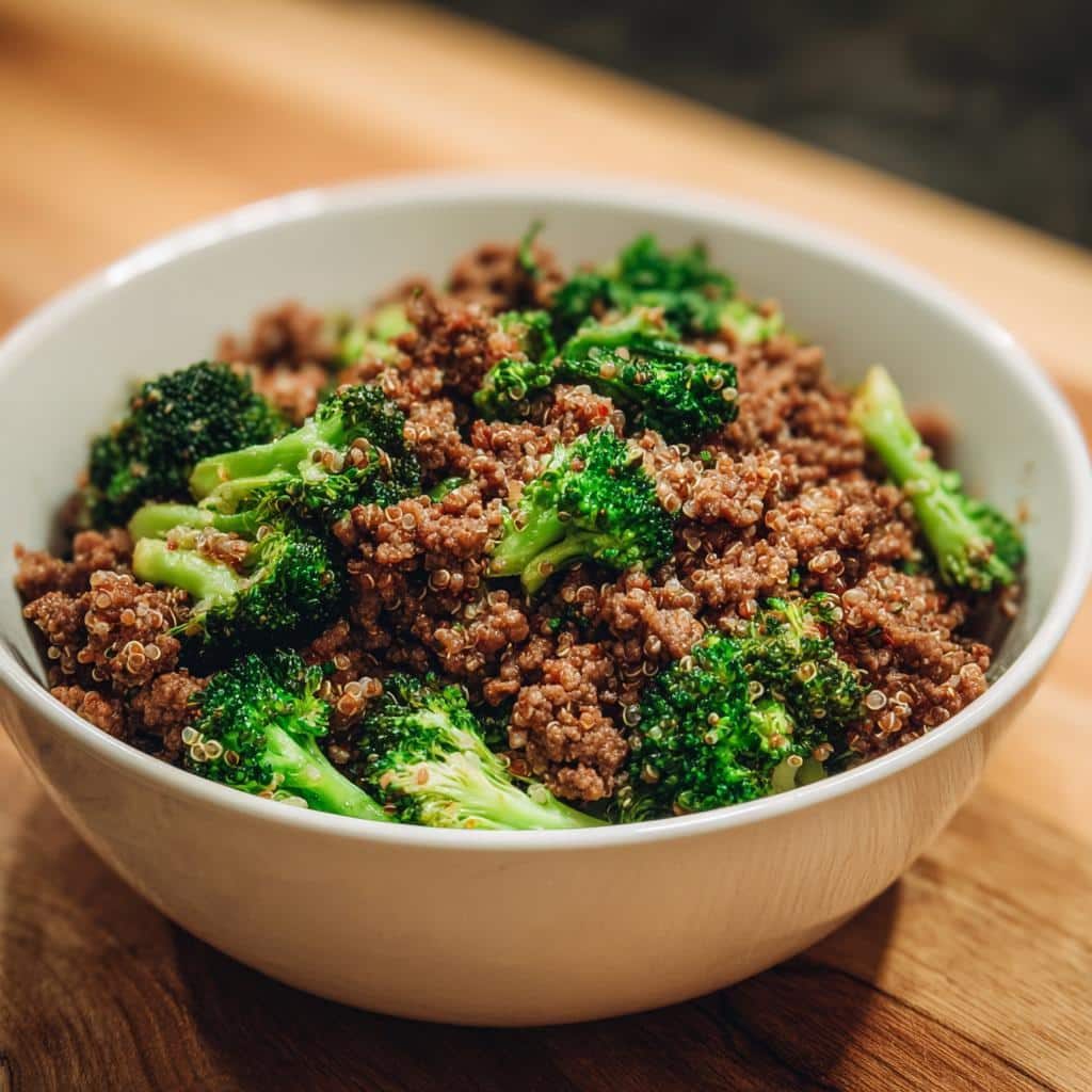 A white bowl filled with homemade Venison, Quinoa & Broccoli Dog Food mixture on a wooden surface.