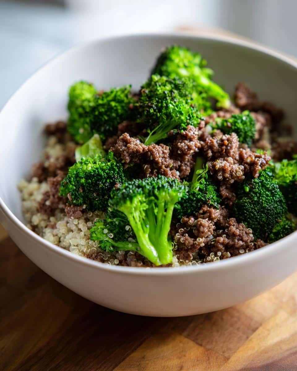 Close-up of a white bowl filled with homemade Venison, Quinoa & Broccoli Dog Food.