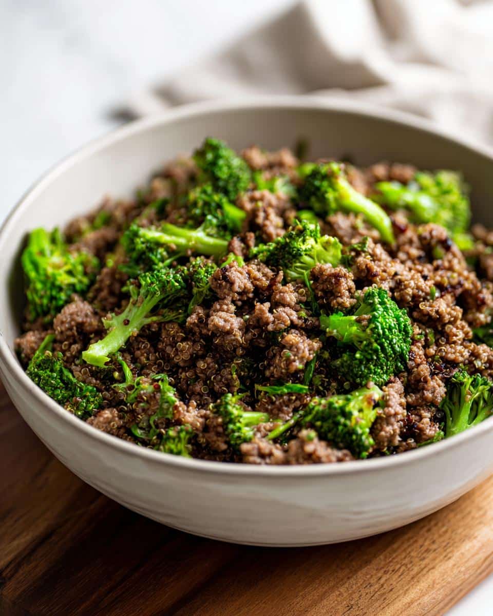 Close-up of homemade Venison, Quinoa & Broccoli Dog Food mixture in a light grey bowl.