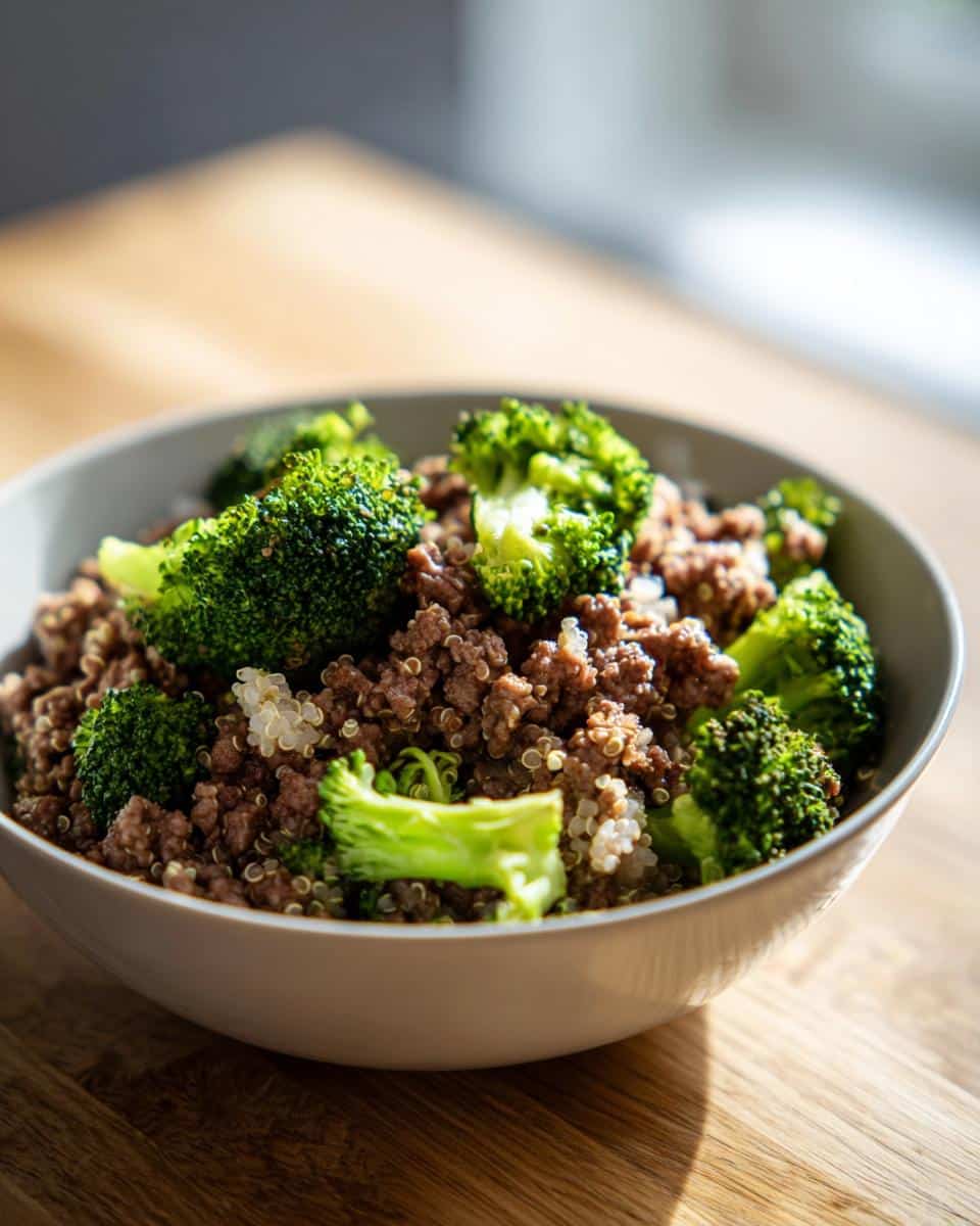 Close-up of a bowl filled with homemade Venison, Quinoa & Broccoli Dog Food mixture.