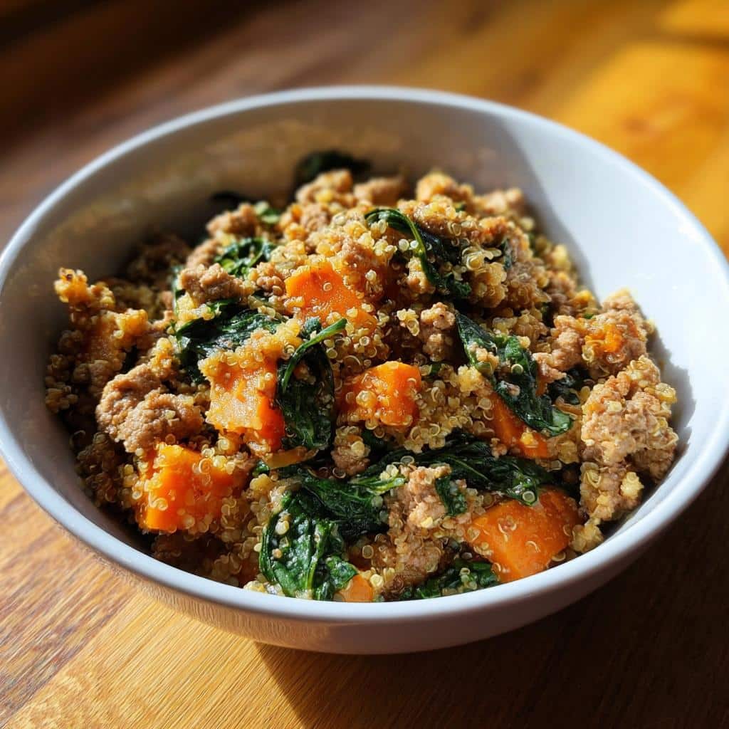 A white bowl filled with homemade Venison, Quinoa & Spinach Dog Food mixture, showing ground meat, orange sweet potato chunks, and dark green spinach.