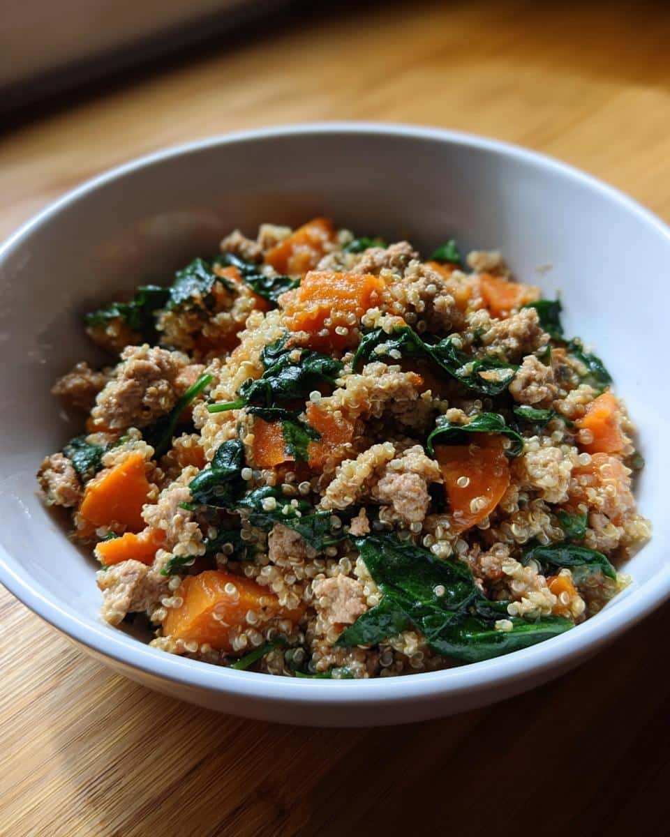Close-up of a white bowl filled with homemade Venison, Quinoa & Spinach Dog Food, featuring ground meat, orange sweet potato chunks, and dark green spinach.