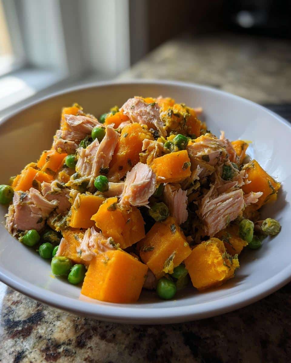 Close-up of homemade Venison, Rice & Pumpkin Dog Food featuring shredded venison, diced pumpkin, and green peas in a white bowl.