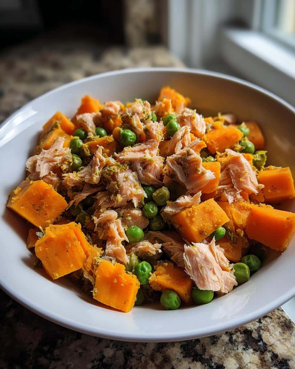 Close-up of homemade dog food featuring shredded meat, orange pumpkin chunks, and green peas, similar to Venison, Rice & Pumpkin Dog Food.