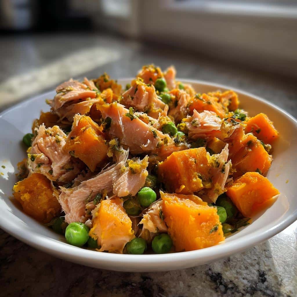 Close-up of homemade Venison, Rice & Pumpkin Dog Food featuring shredded meat, orange pumpkin chunks, and green peas.