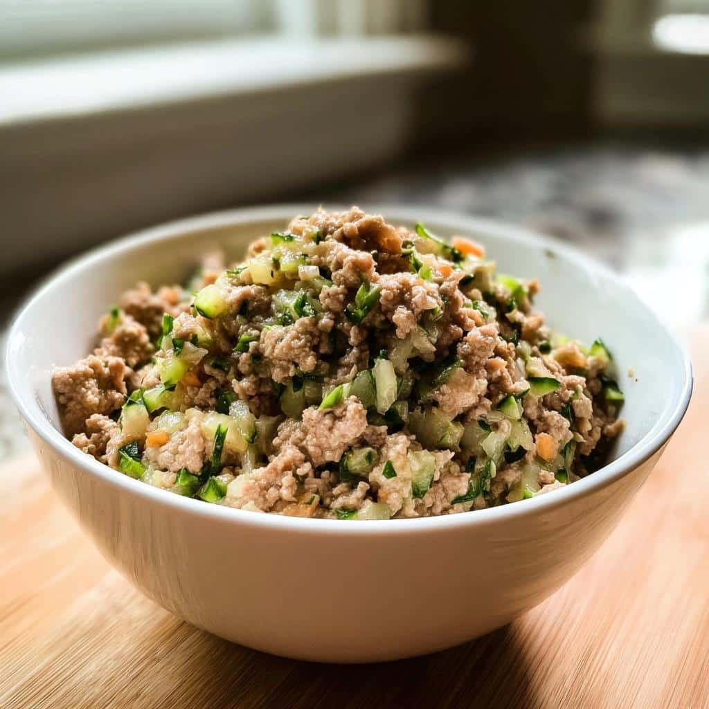 A white bowl filled with homemade Venison, Rice & Zucchini Dog Food mixture, featuring ground meat and chopped green vegetables.
