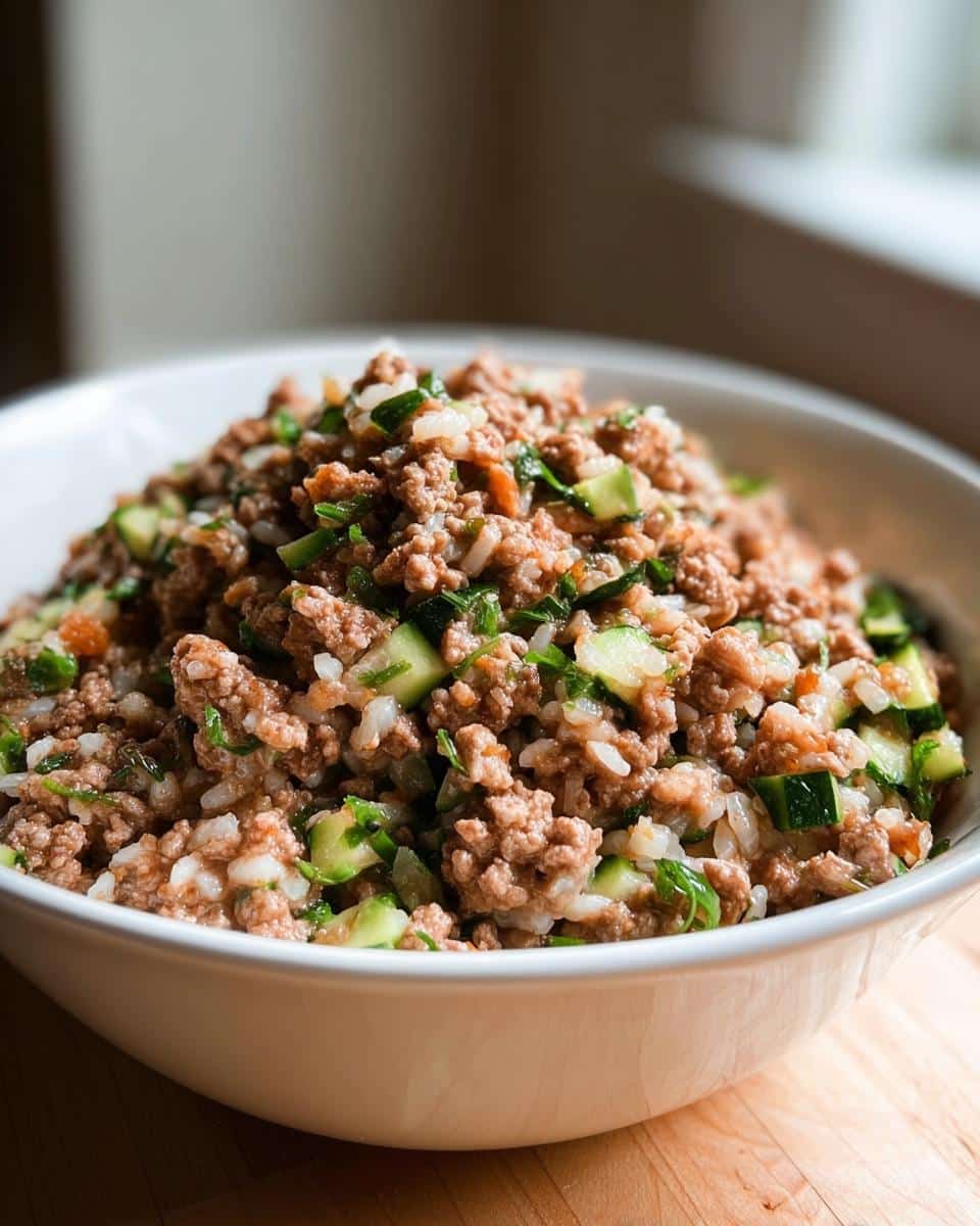 Close-up of homemade Venison, Rice & Zucchini Dog Food mixture piled high in a white bowl.