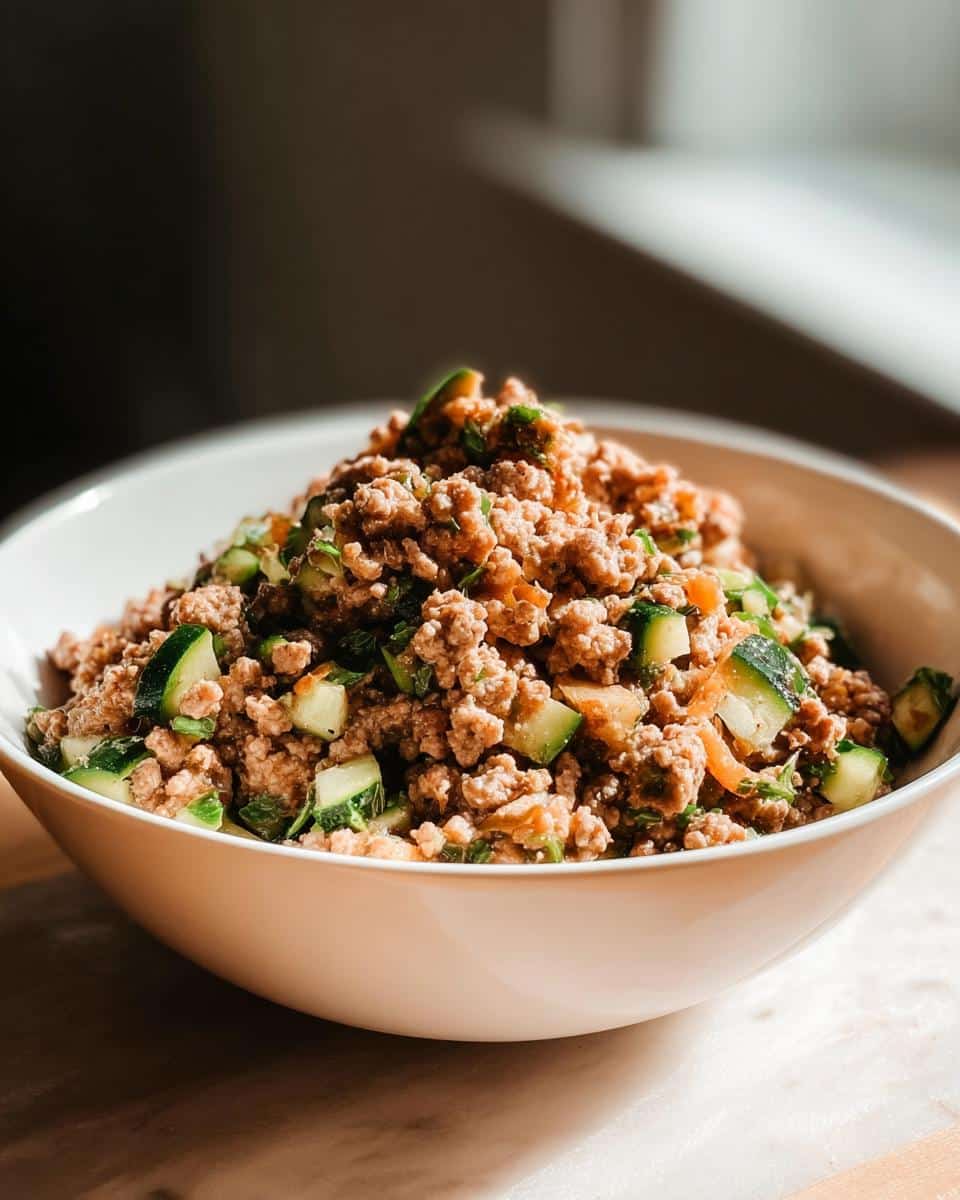 A white bowl filled high with homemade Venison, Rice & Zucchini Dog Food mixture, featuring ground meat and chunks of green zucchini.