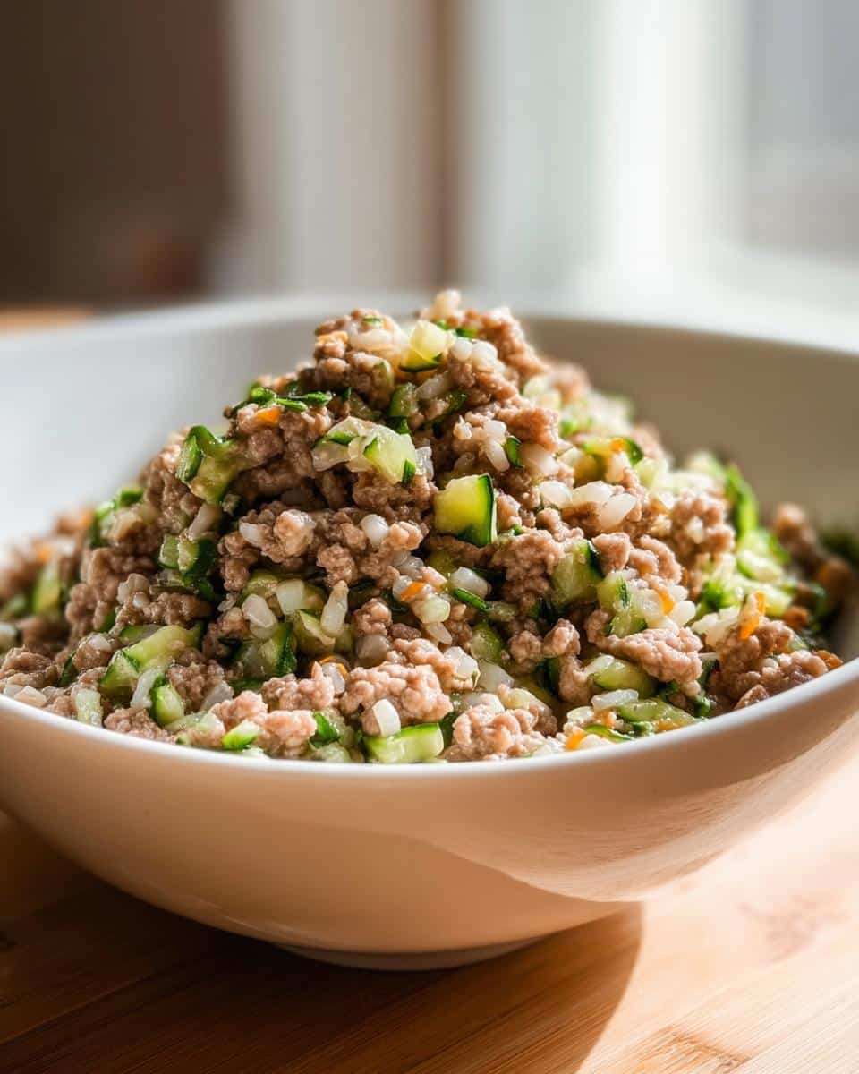 A white bowl filled with homemade Venison, Rice & Zucchini Dog Food mixture.