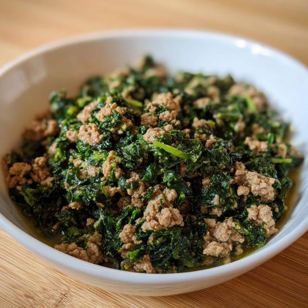 Close-up of cooked ground venison mixed with dark green spinach, likely part of the Venison, Millet & Spinach Dog Food recipe.