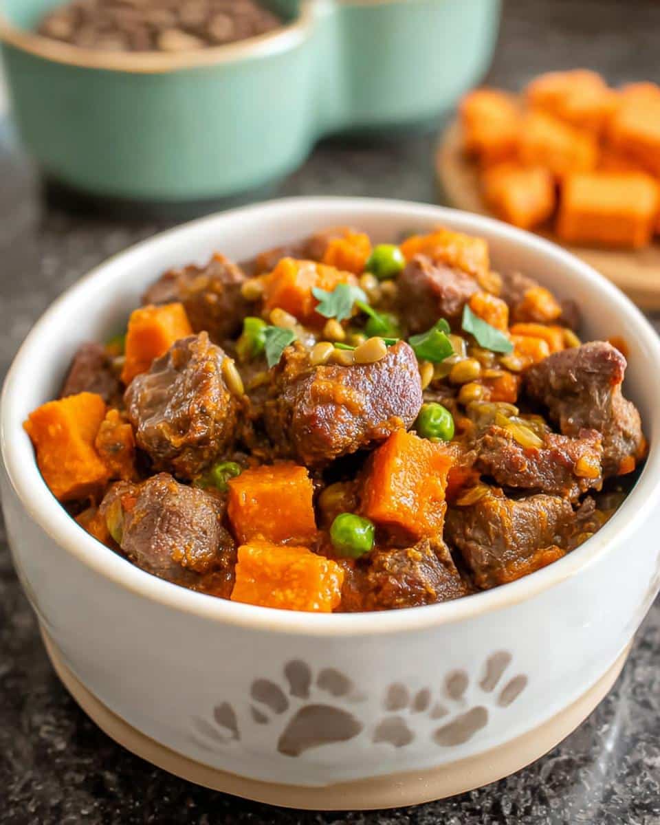 Close-up of a white dog bowl filled with Venison & Sweet Potato Dog Food, featuring chunks of meat, orange sweet potato, and green peas.