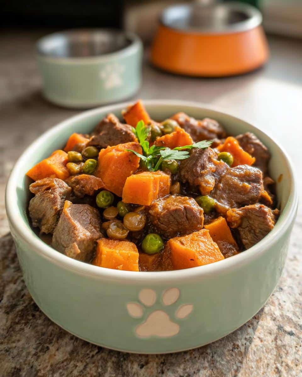 Close-up of homemade Venison & Sweet Potato Dog Food stew in a light green bowl with a paw print design.
