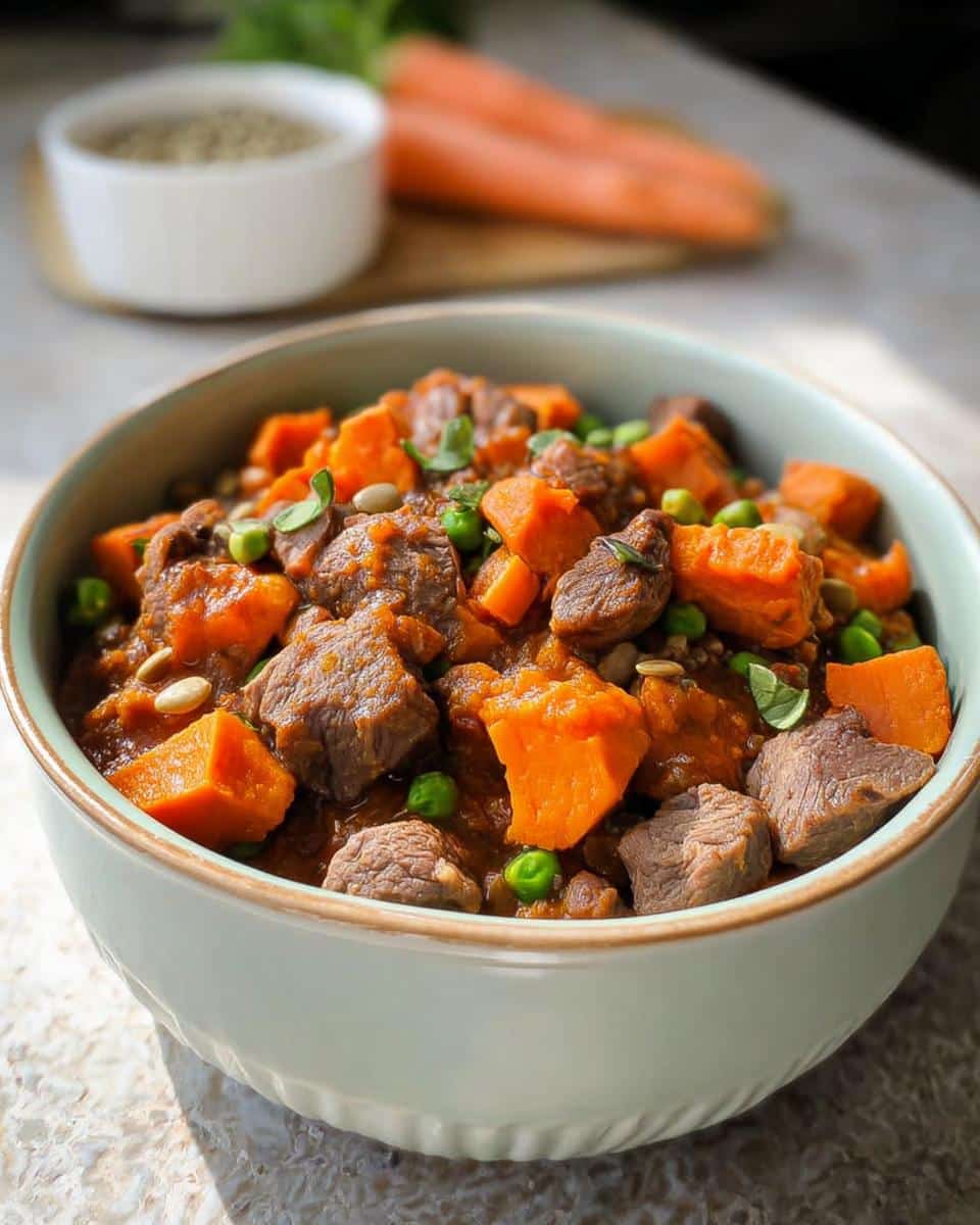 Close-up of a bowl of hearty Venison & Sweet Potato Dog Food stew with chunks of meat and bright orange sweet potato.