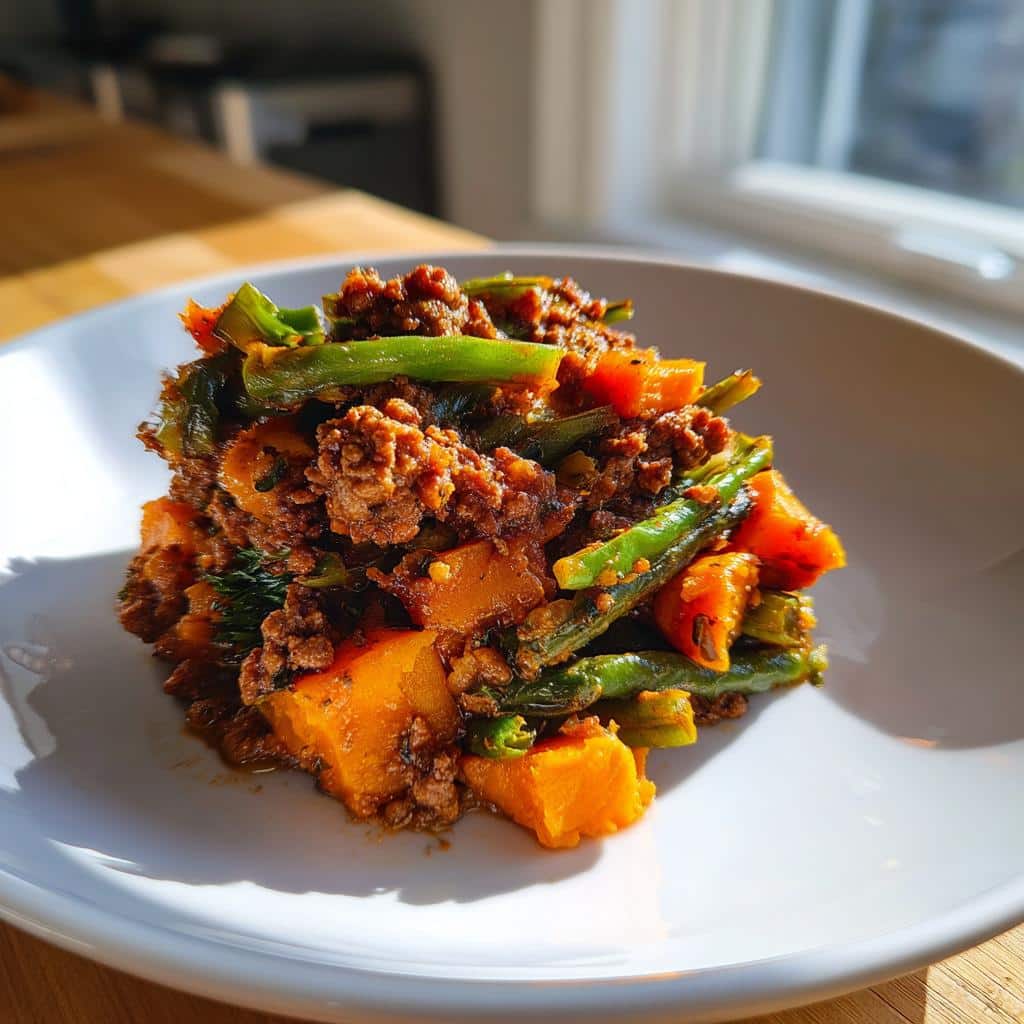 A serving of homemade Venison, Sweet Potato & Green Beans Dog Food mixture on a white plate.